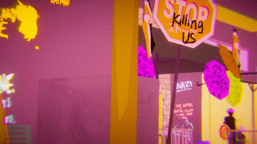 A screenshot from Umurangi digital in bold colours of purple and yellow. A Stop sign is in the centre frame, with 'killing us' scrawled across it. Graffiti visible in the background includes the word Nazi in capitals.