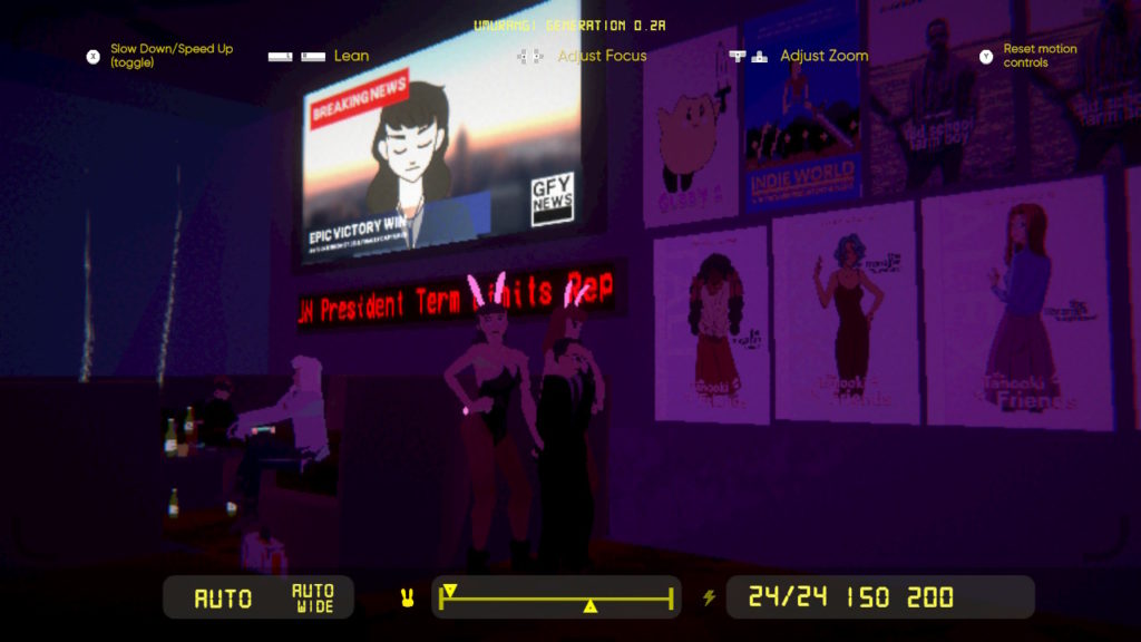 A still of Gamer's Palace from Umurangi Generation, showing a large screen displaying the news. Beneath the screen stand two women in bunny ears; to their right there are posters of women on the wall.