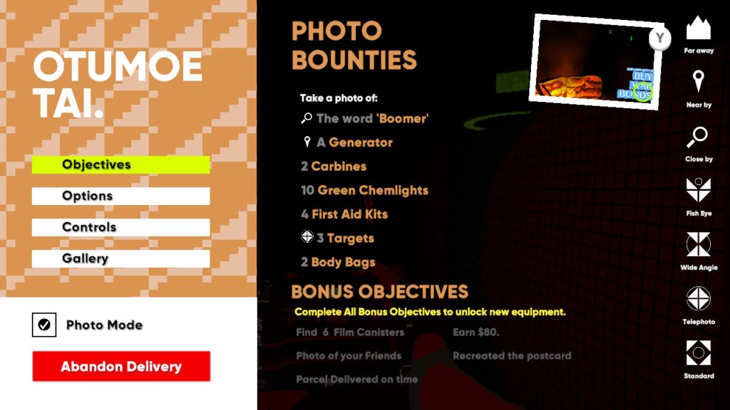 A still from the game showing the photo bounty screen.