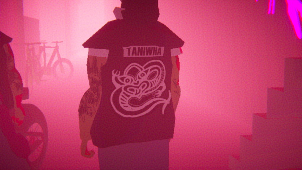 An image from the game showing the back of a character's shirt, which displays a Māori taniwha (water spirit).