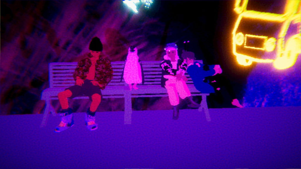 A still from the game showing three people and a penguin sat on a bench, coloured as if seen under UV light.