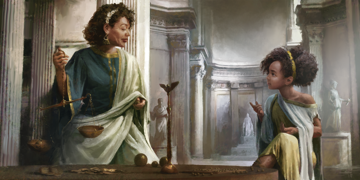 Screenshot from Old World, in which a woman holding a scales is speaking to a young girl