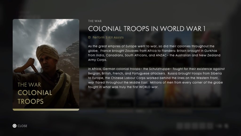 Screenshot from Battlefield 1's codes entry entitled "Colonial Troops in World War 1'