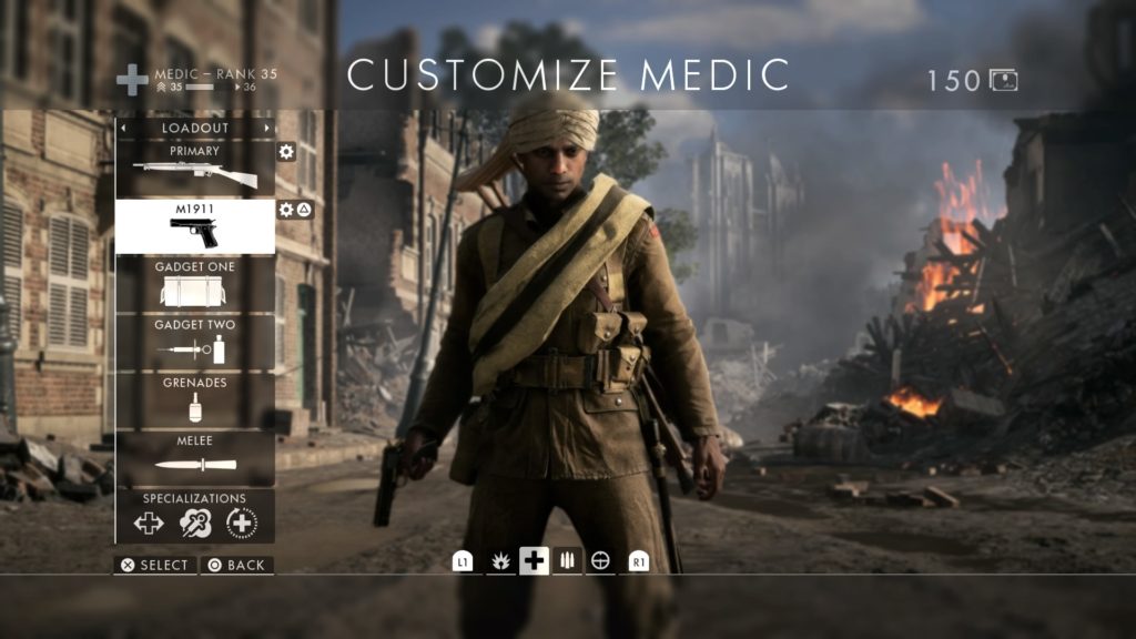 Screenshot from Battlefield 1 multiplayer class selection and customisation screen 