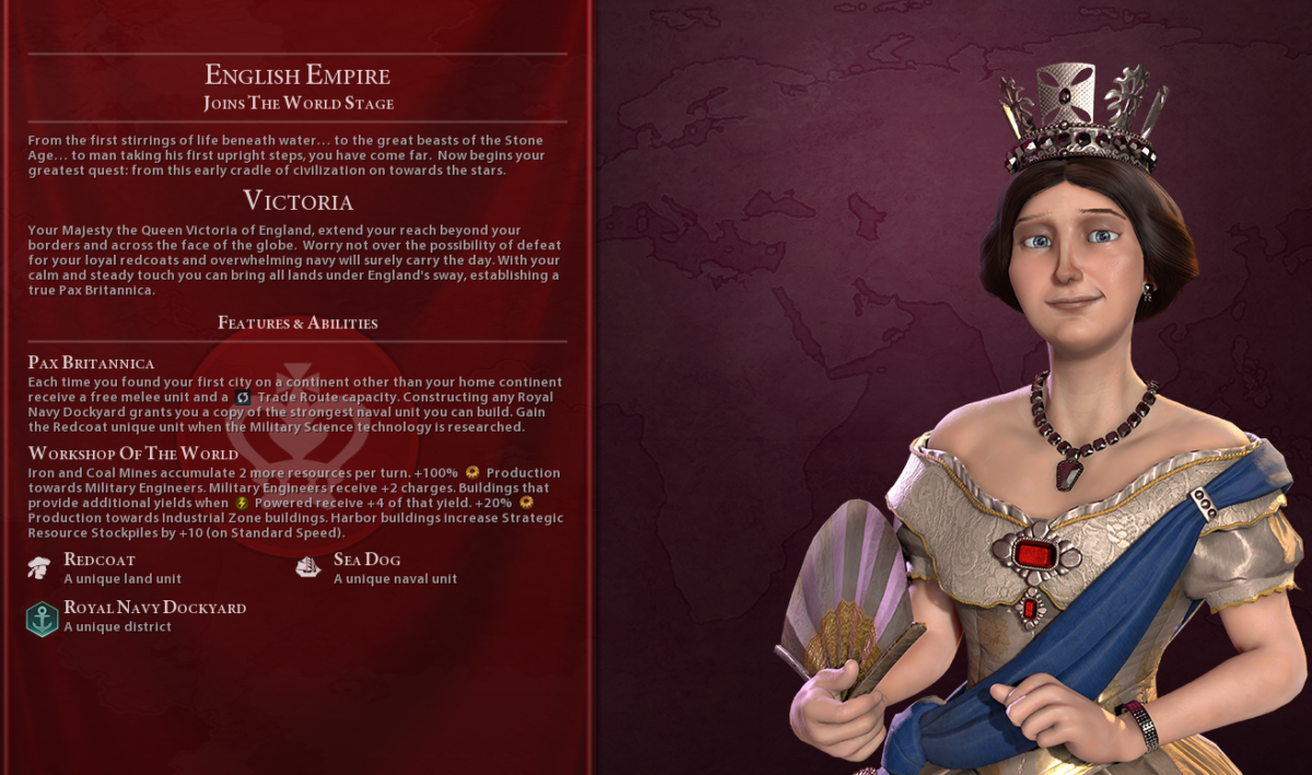 Screenshot from Civilization VI of Queen Victoria and the English Empire's overview screen