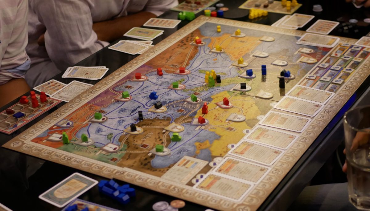 A picture of a boardgame called Concordia in mid-play