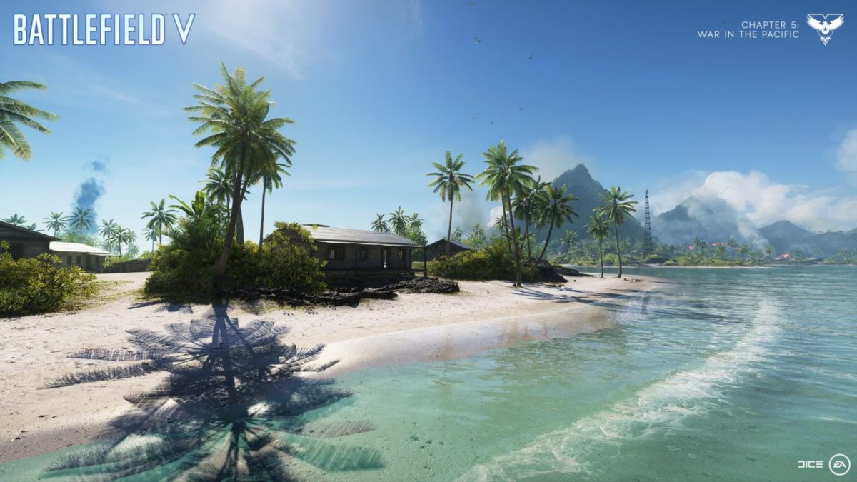 Screenshot of a sandy beach and building from Battlefield V