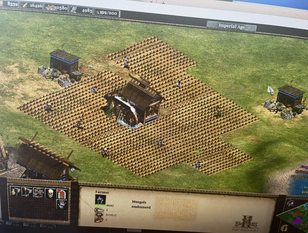 A screenshot from Age of Empires 2 showing a farm set amongst fields, which are being worked by labourers